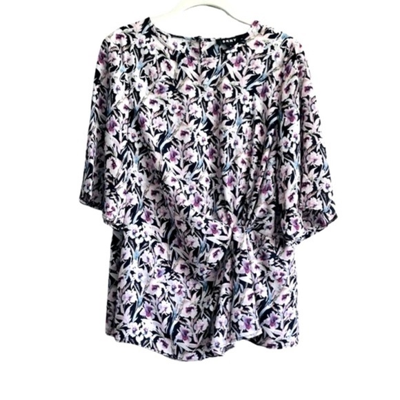 DKNY Short Sleeve Floral Blouse Knot Front Black Purple White Size M - Picture 1 of 7
